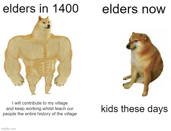 KiDs ThEsE dAyS | elders in 1400; elders now; I will contribute to my village and keep working whilst teach our people the entire history of the village; kids these days | image tagged in memes,buff doge vs cheems | made w/ Imgflip meme maker