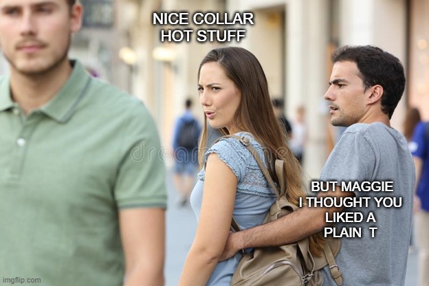 Hot Stuff | NICE COLLAR
HOT STUFF; BUT MAGGIE
I THOUGHT YOU 
LIKED A 
PLAIN  T | image tagged in fashion | made w/ Imgflip meme maker