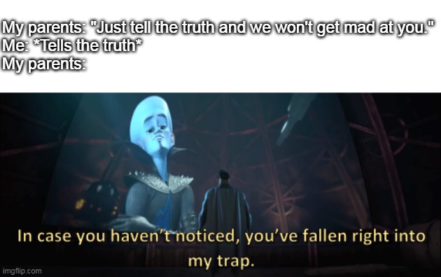 Parents in a nutshell: | My parents: "Just tell the truth and we won't get mad at you."
Me: *Tells the truth*
My parents: | image tagged in megamind trap template | made w/ Imgflip meme maker