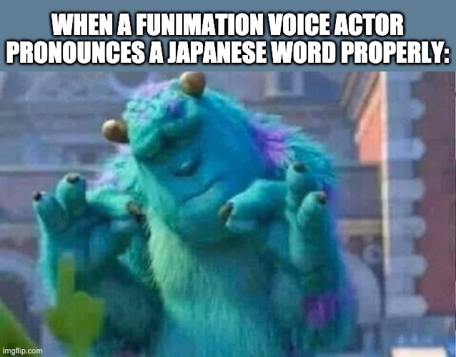 Sully shutdown | WHEN A FUNIMATION VOICE ACTOR PRONOUNCES A JAPANESE WORD PROPERLY: | image tagged in sully shutdown | made w/ Imgflip meme maker