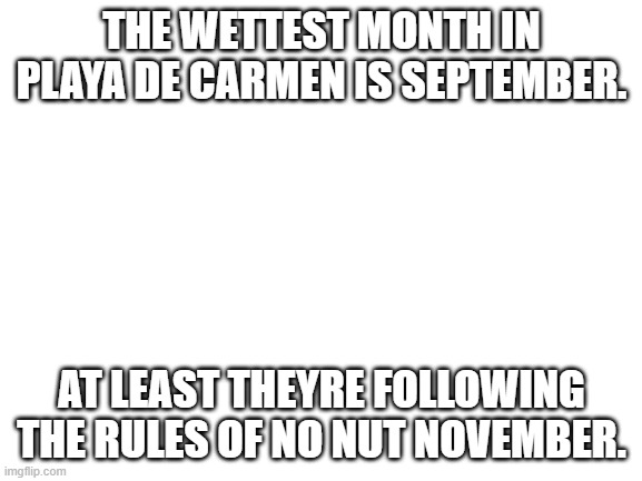 Blank White Template | THE WETTEST MONTH IN PLAYA DE CARMEN IS SEPTEMBER. AT LEAST THEYRE FOLLOWING THE RULES OF NO NUT NOVEMBER. | image tagged in blank white template | made w/ Imgflip meme maker