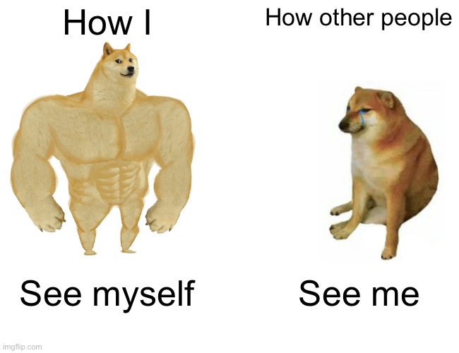 Doge | How I; How other people; See myself; See me | image tagged in memes,buff doge vs cheems | made w/ Imgflip meme maker