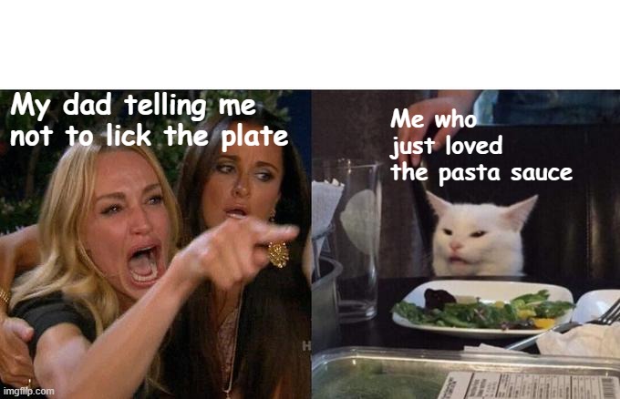 Woman Yelling At Cat | Me who just loved the pasta sauce; My dad telling me not to lick the plate | image tagged in memes,woman yelling at cat,pasta,sauce,alfredo sauce | made w/ Imgflip meme maker