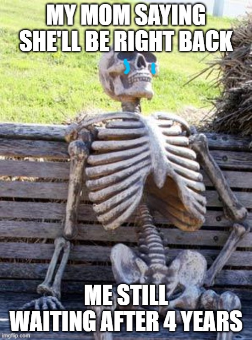 Waiting Skeleton Meme | MY MOM SAYING SHE'LL BE RIGHT BACK; ME STILL WAITING AFTER 4 YEARS | image tagged in memes,waiting skeleton | made w/ Imgflip meme maker