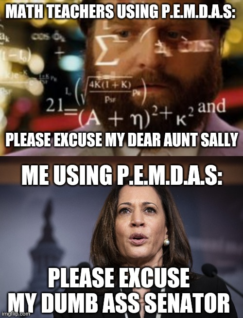 MATH TEACHERS USING P.E.M.D.A.S:; PLEASE EXCUSE MY DEAR AUNT SALLY; ME USING P.E.M.D.A.S:; PLEASE EXCUSE MY DUMB ASS SENATOR | image tagged in trying to calculate how much sleep i can get | made w/ Imgflip meme maker