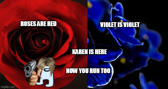 karen | ROSES ARE RED; VIOLET IS VIOLET; KAREN IS HERE; NOW YOU RUN TOO | image tagged in roses are red violets are blue | made w/ Imgflip meme maker