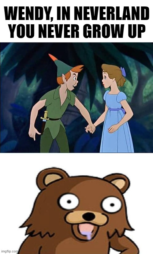WENDY, IN NEVERLAND YOU NEVER GROW UP | image tagged in dark humor | made w/ Imgflip meme maker