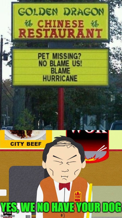 YES, WE NO HAVE YOUR DOG | image tagged in south park chinese restaurant | made w/ Imgflip meme maker