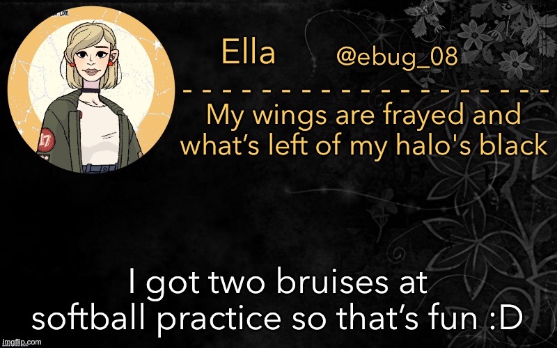 *slight sarcasm intensifies* (not really, it was pretty fun) | I got two bruises at softball practice so that’s fun :D | image tagged in ebug 11 | made w/ Imgflip meme maker