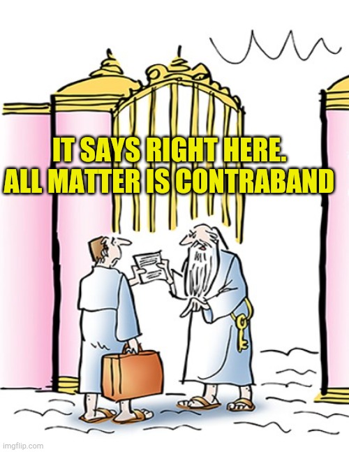 Does it matter or is it Spirit? |  IT SAYS RIGHT HERE.
ALL MATTER IS CONTRABAND | image tagged in st peter gates of heaven,spirituality,heaven,jokes,funny memes,imgflip humor | made w/ Imgflip meme maker