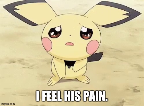 Sad pichu | I FEEL HIS PAIN. | image tagged in sad pichu | made w/ Imgflip meme maker