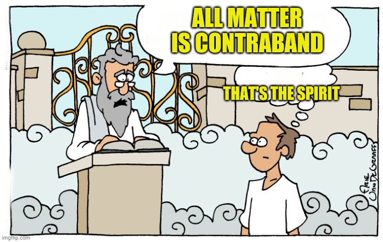 Does it matter? | ALL MATTER IS CONTRABAND; THAT'S THE SPIRIT | image tagged in saint peter,spirituality,jokes,comics/cartoons,heaven,funny meme | made w/ Imgflip meme maker