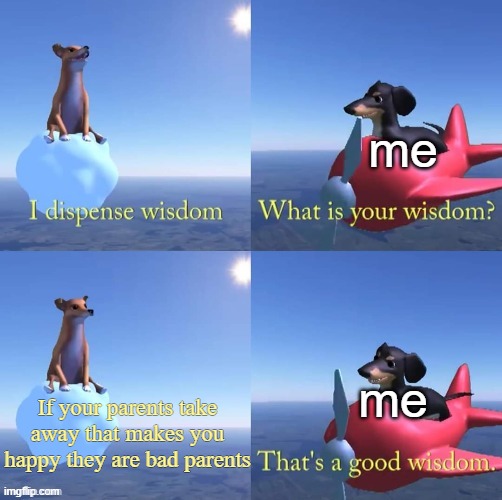 life sucks | me; me; If your parents take away that makes you happy they are bad parents | image tagged in wisdom dog,life,memes | made w/ Imgflip meme maker
