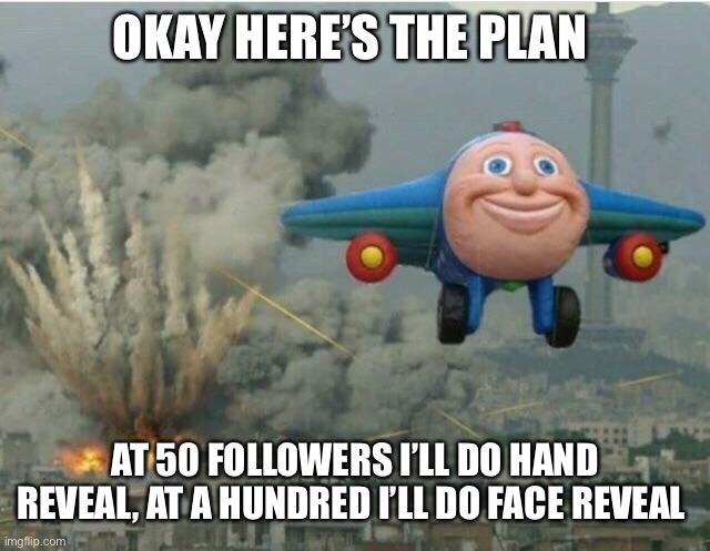 Jay jay the plane | OKAY HERE’S THE PLAN; AT 50 FOLLOWERS I’LL DO HAND REVEAL, AT A HUNDRED I’LL DO FACE REVEAL | image tagged in jay jay the plane | made w/ Imgflip meme maker