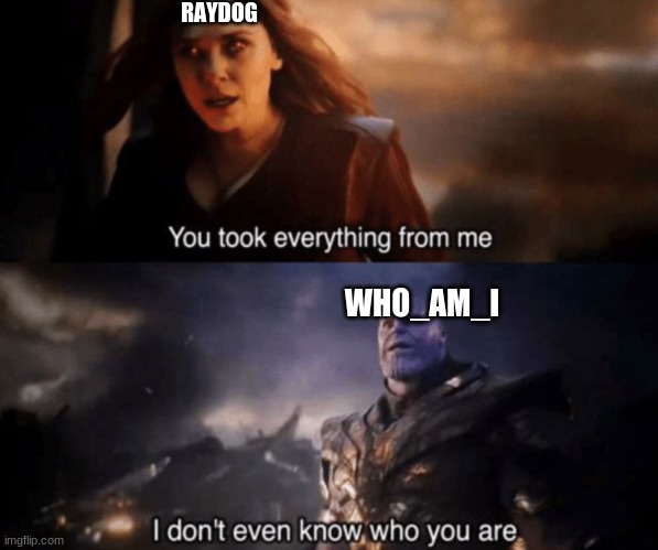 You took everything from me - I don't even know who you are |  RAYDOG; WHO_AM_I | image tagged in you took everything from me - i don't even know who you are | made w/ Imgflip meme maker