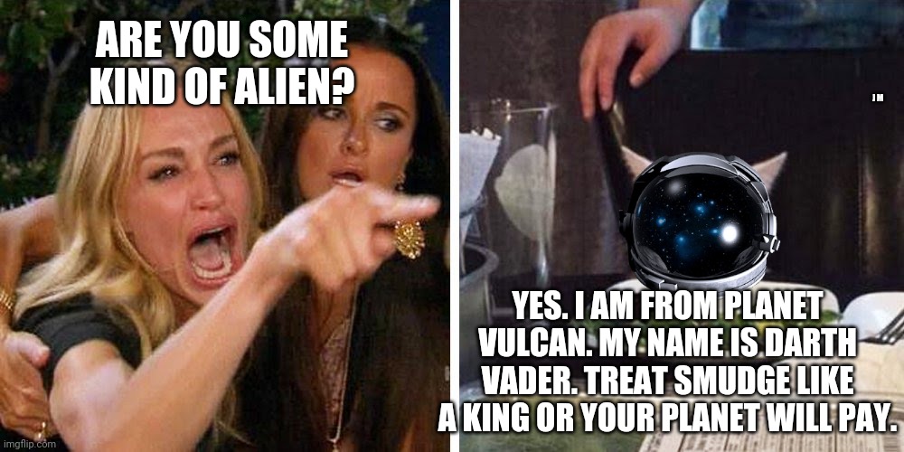 Smudge the cat | ARE YOU SOME KIND OF ALIEN? J M; YES. I AM FROM PLANET VULCAN. MY NAME IS DARTH VADER. TREAT SMUDGE LIKE A KING OR YOUR PLANET WILL PAY. | image tagged in smudge the cat | made w/ Imgflip meme maker