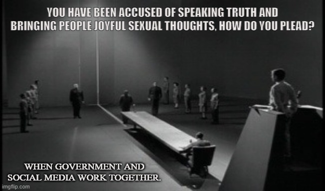 Statists and Corporatists | YOU HAVE BEEN ACCUSED OF SPEAKING TRUTH AND BRINGING PEOPLE JOYFUL SEXUAL THOUGHTS, HOW DO YOU PLEAD? WHEN GOVERNMENT AND SOCIAL MEDIA WORK TOGETHER. | image tagged in social media,cronyism,statist,big brother,corporatism,facebook | made w/ Imgflip meme maker