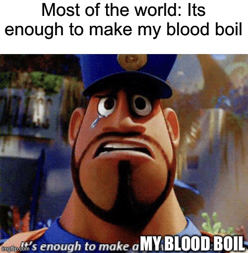 It's enough to make a grown man cry | Most of the world: Its enough to make my blood boil; MY BLOOD BOIL | image tagged in it's enough to make a grown man cry | made w/ Imgflip meme maker