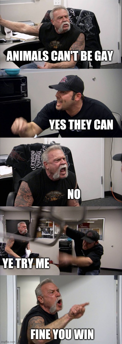 American Chopper Argument Meme | ANIMALS CAN'T BE GAY; YES THEY CAN; NO; YE TRY ME; FINE YOU WIN | image tagged in memes,american chopper argument | made w/ Imgflip meme maker