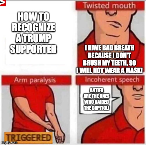 How to recognize a stroke | HOW TO RECOGNIZE A TRUMP SUPPORTER; I HAVE BAD BREATH BECAUSE I DON'T BRUSH MY TEETH, SO I WILL NOT WEAR A MASK! ANTIFA ARE THE ONES WHO RAIDED THE CAPITOL! | image tagged in how to recognize a stroke | made w/ Imgflip meme maker