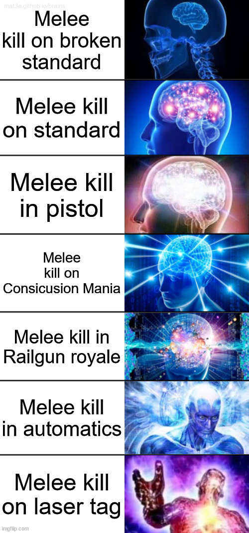 7-Tier Expanding Brain | Melee kill on broken standard; Melee kill on standard; Melee kill in pistol; Melee kill on Consicusion Mania; Melee kill in Railgun royale; Melee kill in automatics; Melee kill on laser tag | image tagged in 7-tier expanding brain | made w/ Imgflip meme maker