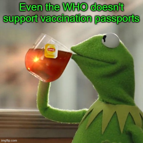No, seriously.  Link in comments. | Even the WHO doesn't support vaccination passports | image tagged in memes,but that's none of my business,kermit the frog,who,vaccination passports | made w/ Imgflip meme maker