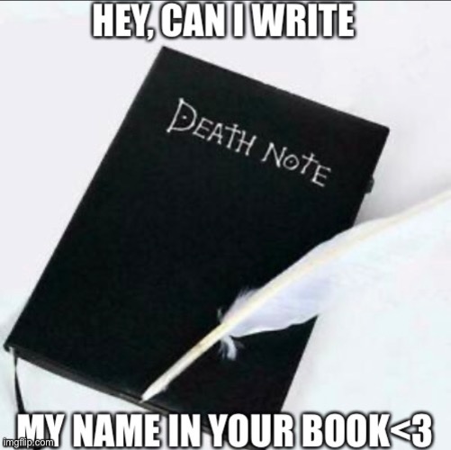 hey can i write my name in your book <3 | image tagged in death note | made w/ Imgflip meme maker