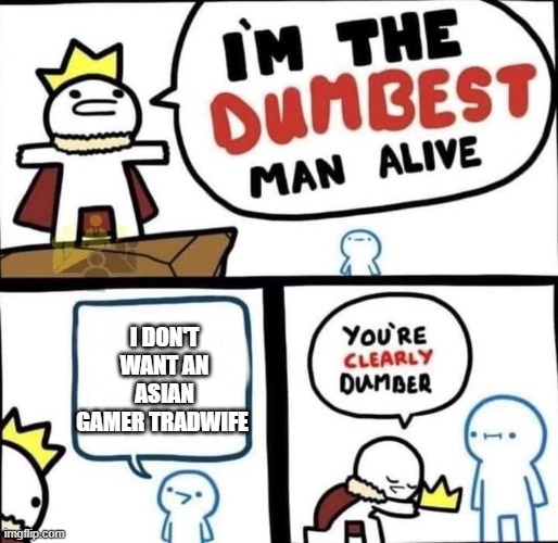 I am the dumbest man alive | I DON'T WANT AN ASIAN GAMER TRADWIFE | image tagged in i am the dumbest man alive,asian,gamer girl,tradwife,epicgamer,funny meme | made w/ Imgflip meme maker