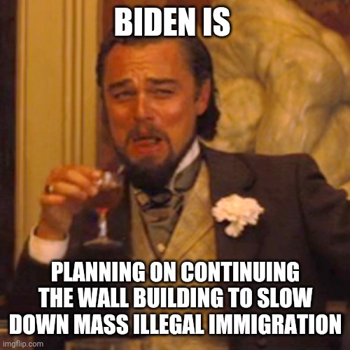 Trump was right, democrats are mad, liberals stupid policies don't work. | BIDEN IS; PLANNING ON CONTINUING THE WALL BUILDING TO SLOW DOWN MASS ILLEGAL IMMIGRATION | image tagged in memes,laughing leo | made w/ Imgflip meme maker