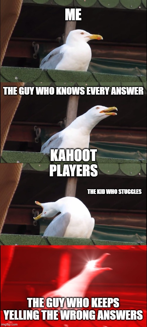 Inhaling Seagull | ME; THE GUY WHO KNOWS EVERY ANSWER; KAHOOT PLAYERS; THE KID WHO STUGGLES; THE GUY WHO KEEPS YELLING THE WRONG ANSWERS | image tagged in memes,inhaling seagull | made w/ Imgflip meme maker