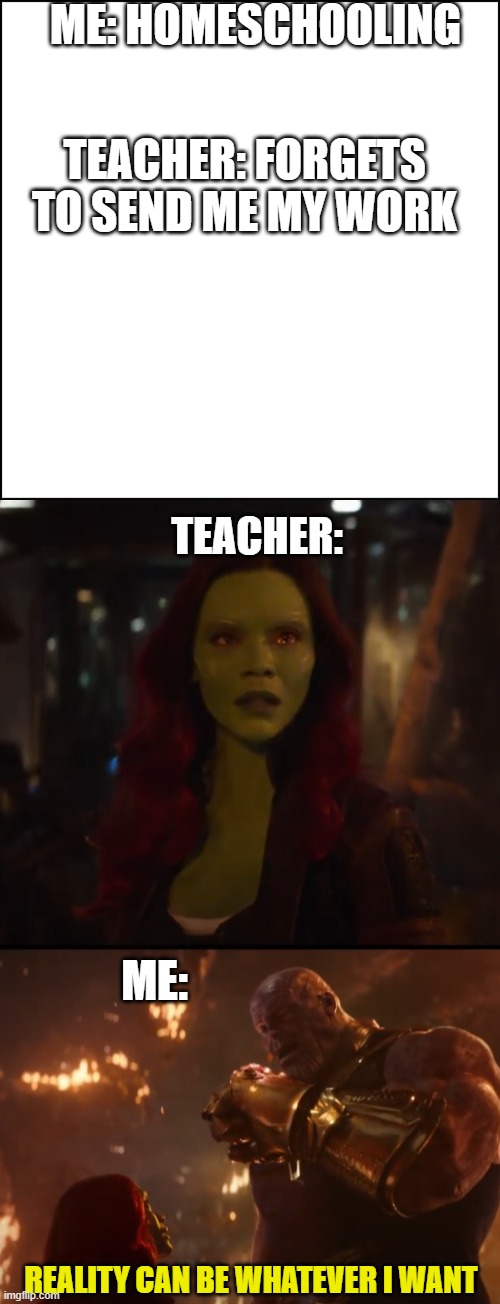 Reality is often disapointing | ME: HOMESCHOOLING; TEACHER: FORGETS TO SEND ME MY WORK; TEACHER:; ME:; REALITY CAN BE WHATEVER I WANT | image tagged in thanos,funny,fun | made w/ Imgflip meme maker