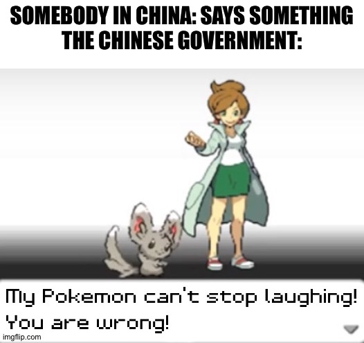 My Pokemon can't stop laughing! You are wrong! | SOMEBODY IN CHINA: SAYS SOMETHING
THE CHINESE GOVERNMENT: | image tagged in my pokemon can't stop laughing you are wrong | made w/ Imgflip meme maker