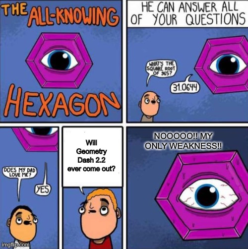 All knowing hexagon (ORIGINAL) | NOOOOO!! MY ONLY WEAKNESS!! Will Geometry Dash 2.2 ever come out? | image tagged in all knowing hexagon original | made w/ Imgflip meme maker