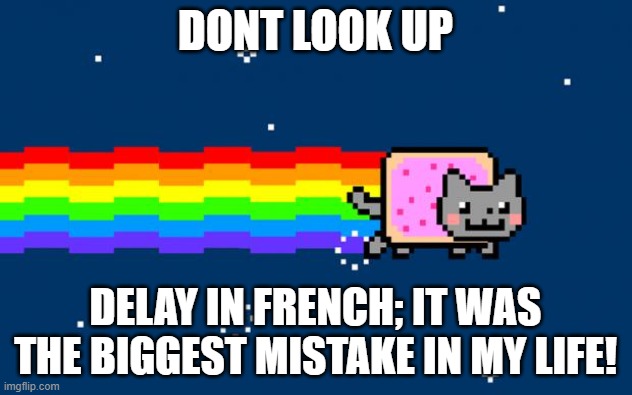 dont look up delay in french | DONT LOOK UP; DELAY IN FRENCH; IT WAS THE BIGGEST MISTAKE IN MY LIFE! | image tagged in nyan cat,memes | made w/ Imgflip meme maker
