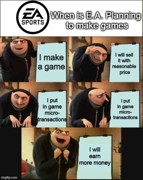 EA sports be like" | image tagged in 5 panel gru meme | made w/ Imgflip meme maker