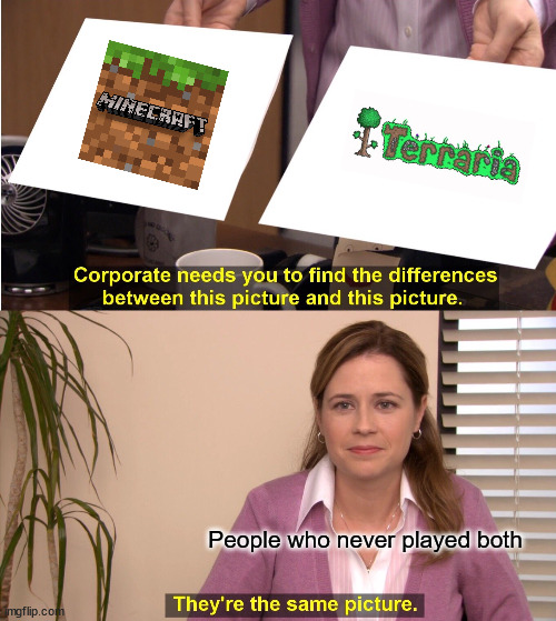 imagine saying that terraria is just 2D minecraft xd | People who never played both | image tagged in memes,they're the same picture | made w/ Imgflip meme maker