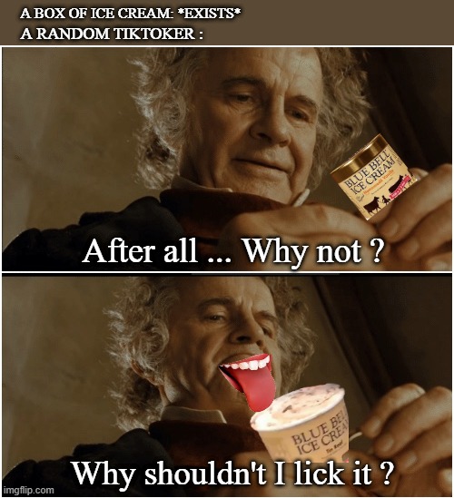 i screamed after reading about that incident | A BOX OF ICE CREAM: *EXISTS*; A RANDOM TIKTOKER :; After all ... Why not ? Why shouldn't I lick it ? | image tagged in bilbo - why shouldn t i keep it,memes,funny | made w/ Imgflip meme maker