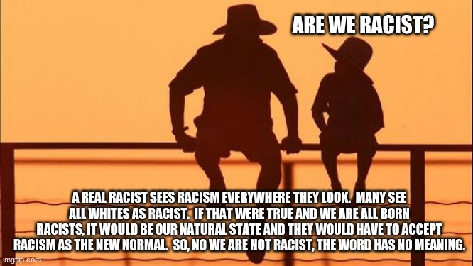 Cowboy wisdom.  Racism is a myth | ARE WE RACIST? A REAL RACIST SEES RACISM EVERYWHERE THEY LOOK.  MANY SEE ALL WHITES AS RACIST.  IF THAT WERE TRUE AND WE ARE ALL BORN RACISTS, IT WOULD BE OUR NATURAL STATE AND THEY WOULD HAVE TO ACCEPT RACISM AS THE NEW NORMAL.  SO, NO WE ARE NOT RACIST, THE WORD HAS NO MEANING. | image tagged in cowboy father and son,racism is a myth,racist see racism everywhere,cowboy wisdom,racism is over,anti white racism is racism | made w/ Imgflip meme maker