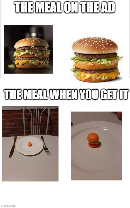 relatable? probably | THE MEAL ON THE AD; THE MEAL WHEN YOU GET IT | image tagged in white background,memes,blank transparent square | made w/ Imgflip meme maker