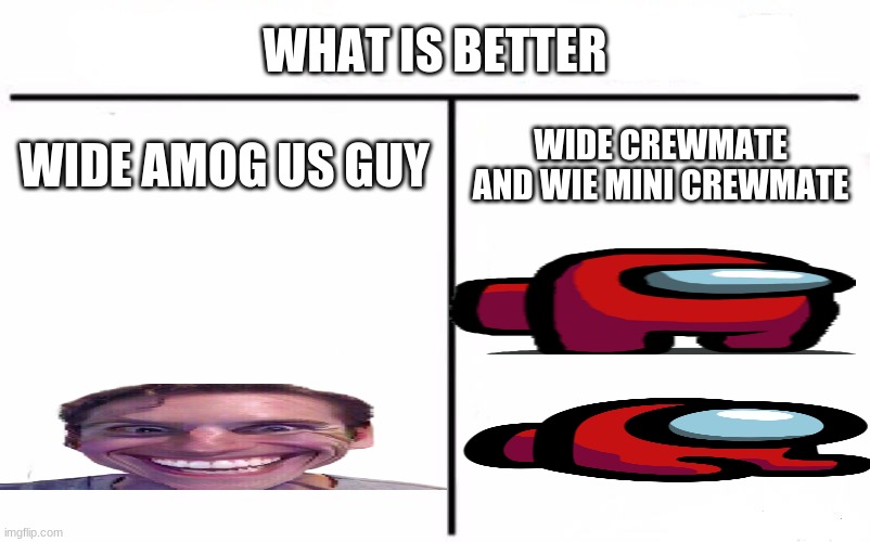 amungst us | WHAT IS BETTER; WIDE AMOG US GUY; WIDE CREWMATE AND WIE MINI CREWMATE | image tagged in memes,who would win | made w/ Imgflip meme maker