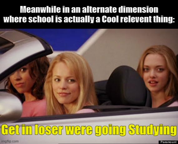 Get In Loser | Meanwhile in an alternate dimension where school is actually a Cool relevent thing:; Get in loser were going Studying | image tagged in get in loser | made w/ Imgflip meme maker