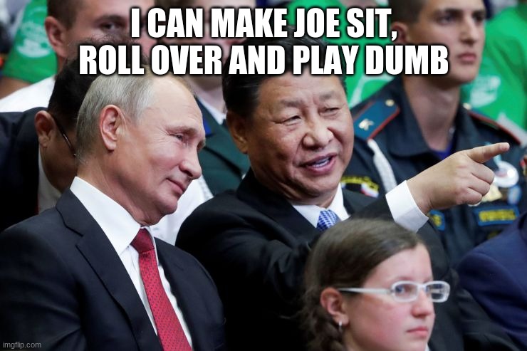 At least some people are enjoying the show | I CAN MAKE JOE SIT, ROLL OVER AND PLAY DUMB | image tagged in putin xi,enjoy the show,china joe biden,you can have ukraine,go joe,america the slave state | made w/ Imgflip meme maker