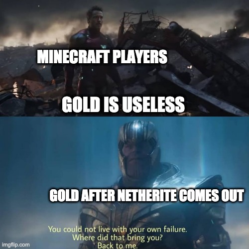 Gold after netherite comes out.... | MINECRAFT PLAYERS; GOLD IS USELESS; GOLD AFTER NETHERITE COMES OUT | image tagged in thanos you could not live with your own failure | made w/ Imgflip meme maker