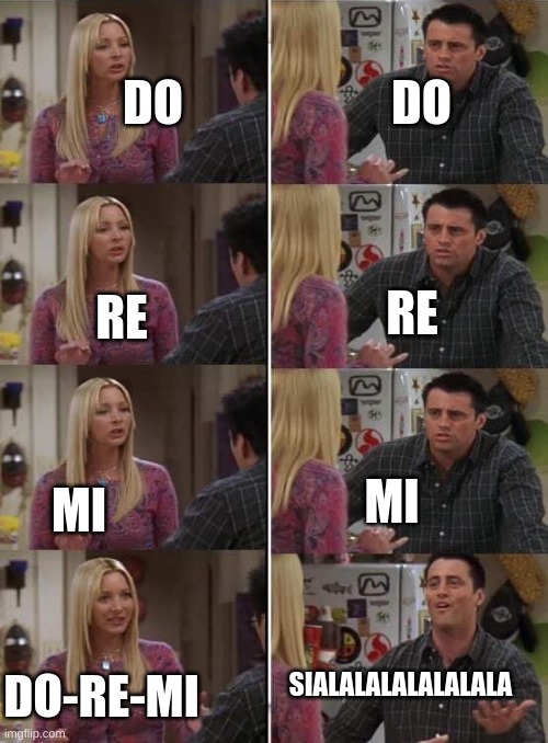 Phoebe teaching Joey in Friends | DO; DO; RE; RE; MI; MI; SIALALALALALALALA; DO-RE-MI | image tagged in phoebe teaching joey in friends,music,teacher,learning,piano,lesson | made w/ Imgflip meme maker