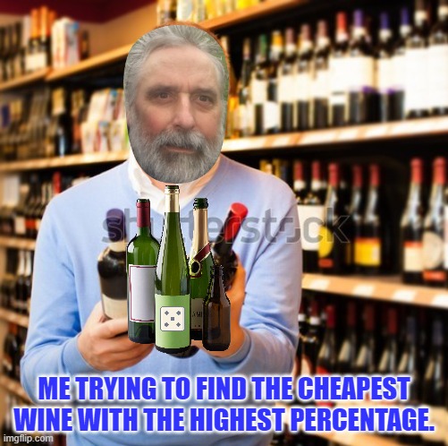 WINE SHOP | ME TRYING TO FIND THE CHEAPEST WINE WITH THE HIGHEST PERCENTAGE. | image tagged in wine shop | made w/ Imgflip meme maker