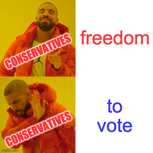 Bring forth your strawman defense, good people of Shenanigania  ( : | freedom; CONSERVATIVES; to vote; CONSERVATIVES | image tagged in memes,drake hotline bling,conservatives,voter suppression,freedom,hypocrisy | made w/ Imgflip meme maker