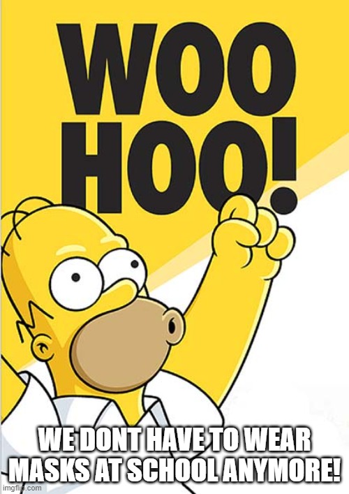 homer woohoo | WE DONT HAVE TO WEAR MASKS AT SCHOOL ANYMORE! | image tagged in homer woohoo | made w/ Imgflip meme maker