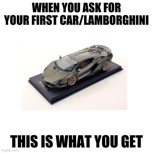 first car (model) | WHEN YOU ASK FOR YOUR FIRST CAR/LAMBORGHINI; THIS IS WHAT YOU GET | image tagged in meme | made w/ Imgflip meme maker