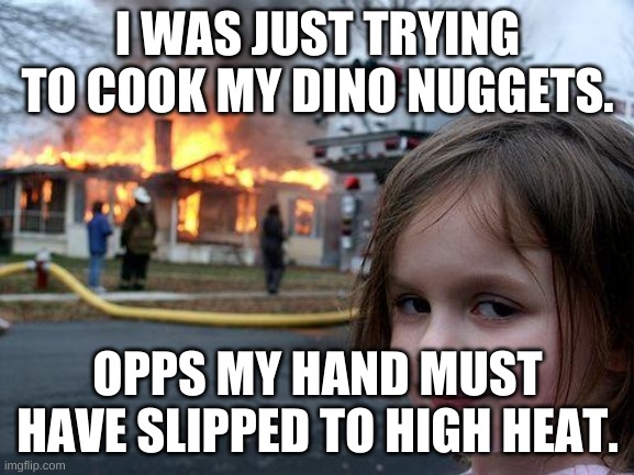 I was just trying to cook my dino nuggets! | I WAS JUST TRYING TO COOK MY DINO NUGGETS. OPPS MY HAND MUST HAVE SLIPPED TO HIGH HEAT. | image tagged in memes,disaster girl | made w/ Imgflip meme maker