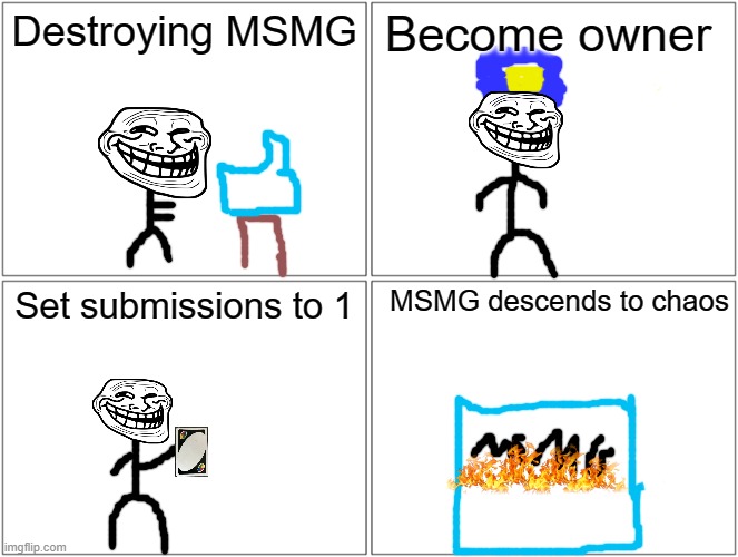 How to destroy MSMG in 2 simple steps | Destroying MSMG; Become owner; MSMG descends to chaos; Set submissions to 1 | image tagged in memes,blank comic panel 2x2,msmg,destroy | made w/ Imgflip meme maker